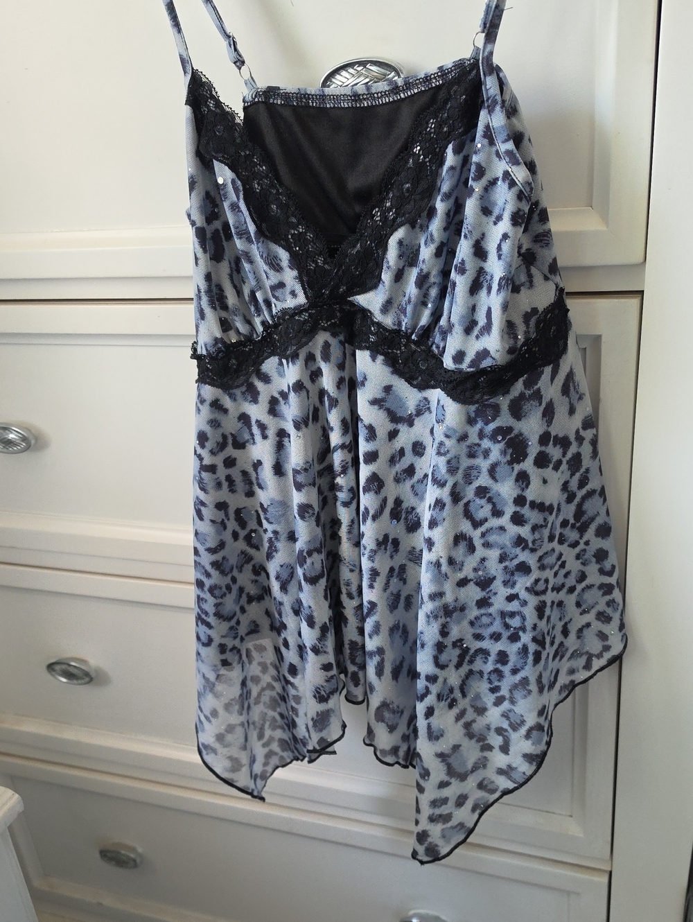 SHEIN Black Gray Leopard-Print Lace Trim Slip Chemise